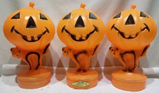 3 Vintage Bayshore Halloween Jack - O - Lantern Pumpkin & Cat Lighted Blowmolds