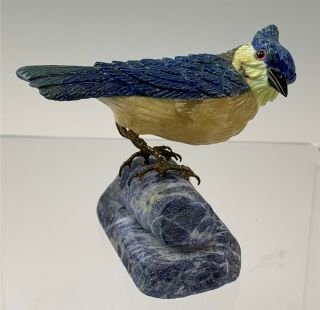 Brazilian Hand Carved Stone Blue Sodalite Blue Jay Bird On Base