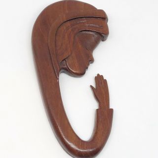 Mid Century Carved Wood Wall Hanging Plaque Praying Woman Bowed Head 6 Inches