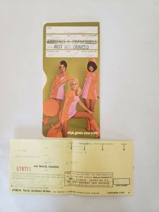 Psa Pacific Southwest Airlines Ticket Folder & Invoice.  1971.  Vintage.