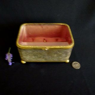 Vintage Brass Ring Jewelry Box Pink Silk France Antique Ormolu Glass Casket