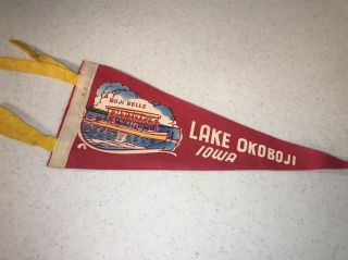 Vintage Pennant Lake Okoboji Iowa Boji Belle Boat Ia Red & Yellow 11.  5 " Old Felt