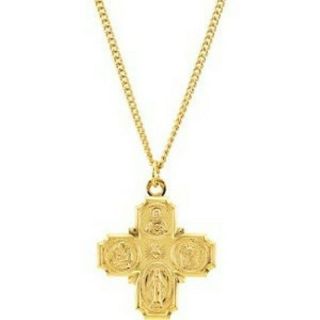 Mrt Four Way Medal 24k Gold Over Sterling Silver Catholic Pendant Necklace 1.  25 "