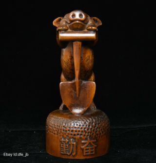 Chinese Folk Feng Shui Boxwood Wood Carved Diligent Year Zodiac Pig Statue