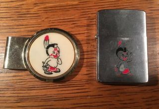 1957 Zippo Lighter Great Looking American Indian Cartoon Graphics And Money Clip