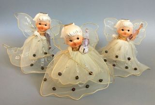 (3) Vintage Christmas Porcelain Ceramic Head Angels Chenille Mesh Netting 1950s