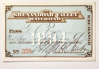 1884 The Shenandoah Valley Railroad Annual Pass T C Power J H Sands