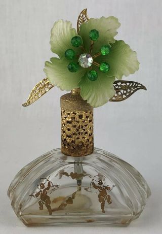 Vintage Irice Glass Perfume Spray Bottle Filigree Floral Top Satin Green France