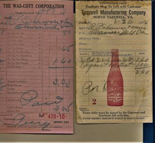 (2) 1928 29 Letterhead Invoices For Was - Cott Soda North Tazewell Va