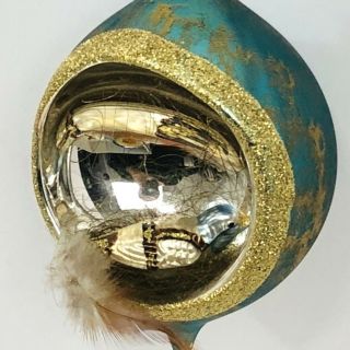 Bird On Nest Indented Inge Glas Christmas Ornament Glass Diorama Blue Large 7”