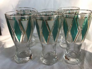 (6) 1961 Mcm Mid Century Modern Libbey Emeralds Pilsner Footed Bar Glasses