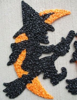 Black Witch On Broom & Orange Moon 1970s Vintage Melted Plastic Popcorn (2)
