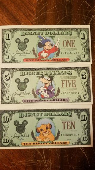 Disney 1 5 10 Dollars Set,  1997 Series " A "
