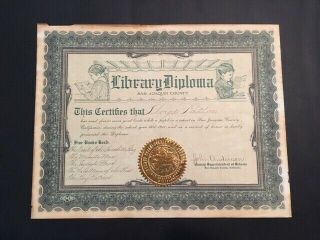 Old Library Diploma San Joaquin County 1917 - 1918 Rare Early 1900 