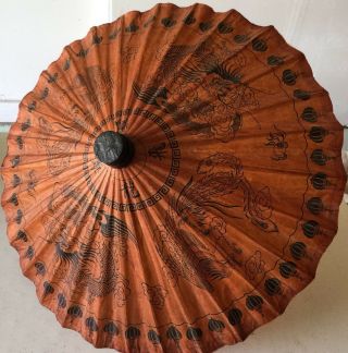 Vintage Asian Rice Paper 22” Parasol Wooden Perfectly Pre - Owned