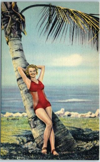 1940s Pin - Up Girl Postcard Blond Girl Bathing Suit Palm Tree Mwm Linen Ab514