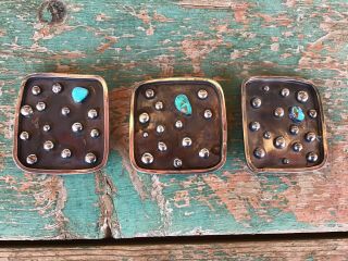 3 Large Heavy Unusual Silver And Turquoise Pueblo Manta Pins N R.