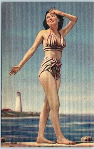 1940s Pin - Up Girl Postcard Brunette Girl Bathing Suit Lighthouse Mwm Linen Ab512