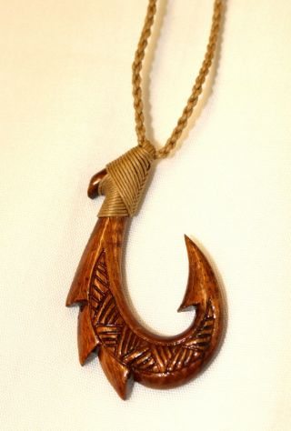 Hawaiian Jewelry Tribal Design Fish Hook Carved Choker/necklace Koa Wood 45003