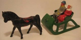 Old 1950s Lead Christmas Horse Drawn Sleigh W/ 2 Riders 4 Pc Christmas Village