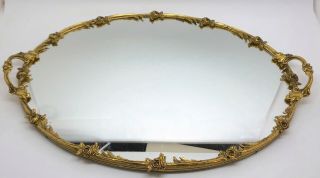 Vintage Gold Ormolu Hollywood Regency Rose Floral Vanity Mirror Tray (rf995)