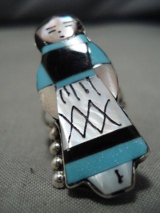 Striking Vintage Zuni Corn Woman Sterling Silver Turquoise Ring