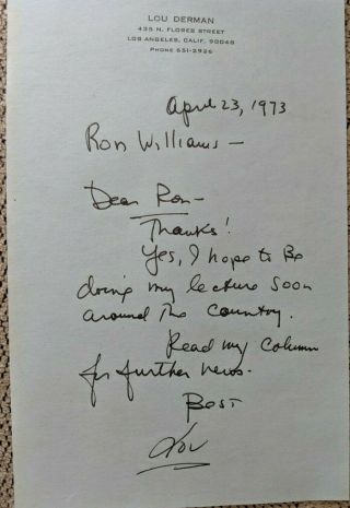 Lou Derman,  Handwritten Signed Letter,  Apr 1973,  Los Angeles,  Mr Ed,  All In Fam.