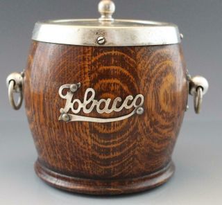 Vintage Wood & White Metal Barrel Form Tobacco Jar Humidor Porcelain Lined