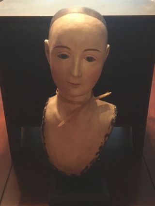 Santos (cage) Doll Bust/head On Stand 11” Antique - Style W/ Inlaid Eyes