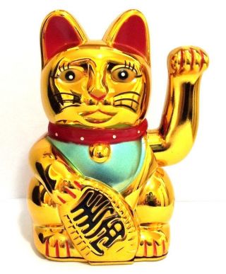 Large Gold Lucky Beckoning Cat Wealth Waving Maneki Neko Feng Shui Japanese "