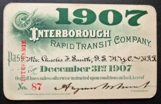 1907 York City Interborough Rapid Transit Company Irt Subway Pass