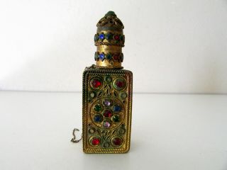Antique Victorian Gilt Brass Bronze Jeweled Perfume Scent Snuff Bottle