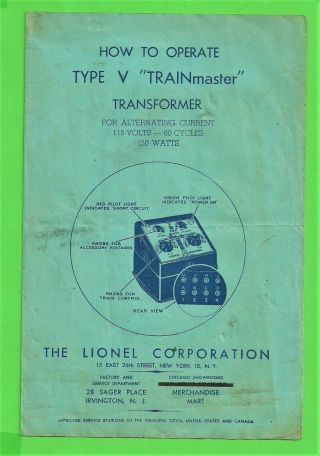 Vtg 1946 Lionel Type V Trainmaster Transformer Instructions V - 80 - 32m - 1 - 46 - Tt