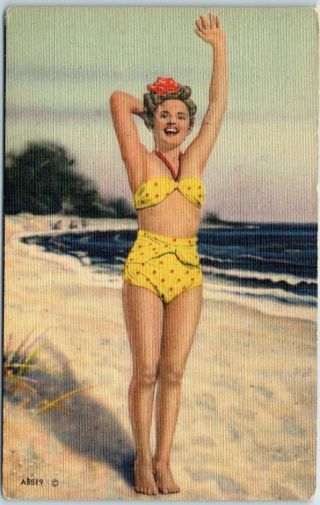 Vintage 1940s Pin - Up Girl Postcard Blond Girl Bathing Suit Beach Mwm Linen Ab519