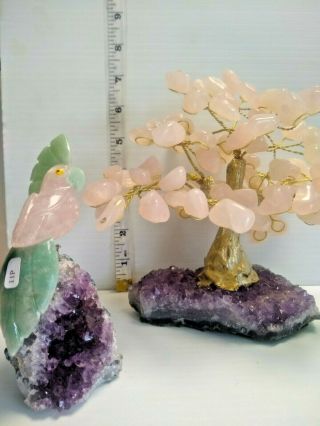 Hand - Carved Brazilian Stone Bird And Tree Figurine Made From Amethyst