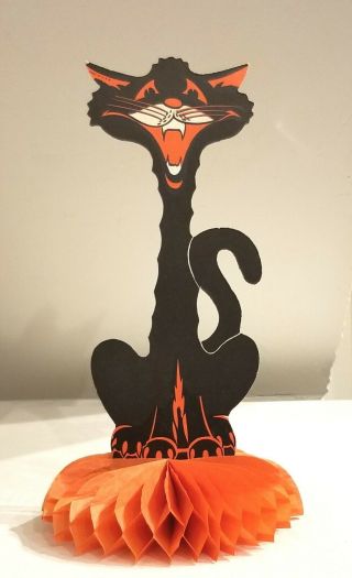 Screeching Black Cat Orange Honeycomb Base.  Beistle,  Usa.  Cardboard Decoration