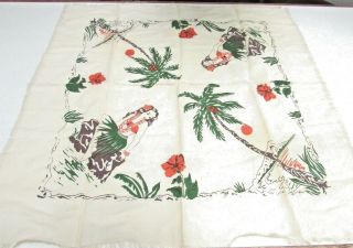 Vtg 40s 50s Hawaii Hula Girl Tiki Silk Scarf Tablecloth Mod Palm Trees Bar Palm