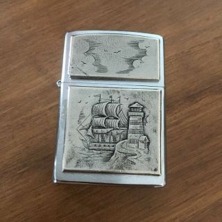 Unique Old Vintage Zippo Lighter Engraved Castle & Boat I Zippo Vii Made In Usa