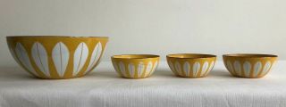 Cathrineholm Enamel Yellow Lotus Bowls.  Set Of 4 Norway.  4 Inches & 8 Inches