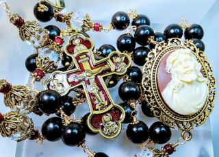 Vatican Style Jesus Cameo Large Black Wood Bead Ruby Bronze Crucifix Rosary