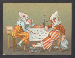 C6505 Victorian Xmas Card: Over Indulged Clown 1870s