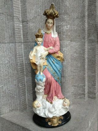 Antique Plaster Our Lady Of Victoire Child Jesus Angels Altar Figure Statue -
