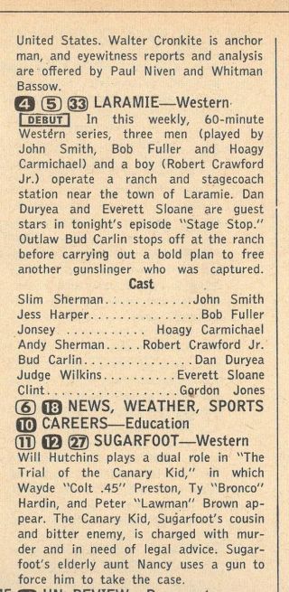 1959 Tv Listing Premiere Of Laramie Robert Fuller 1st Episode " Stage Stop "