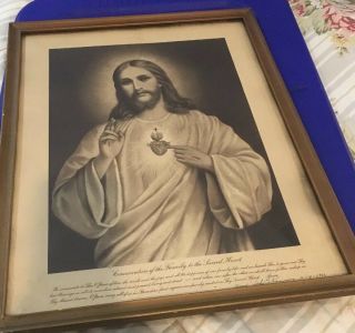 Antique Religious Print Framed Glass Consecration Of Family To The Sacred Heart 7