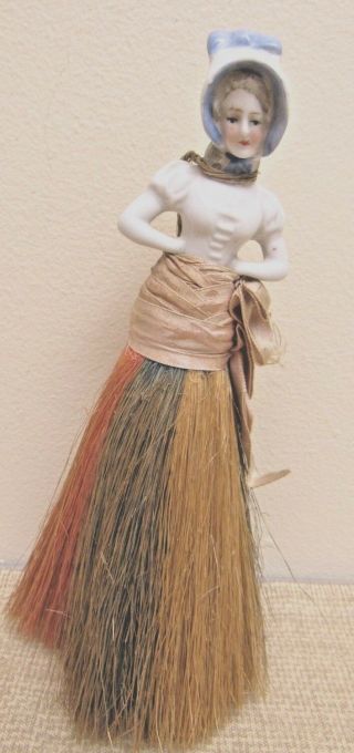 Antique Vtg Half Doll Porcelain W/ Bonnet Vanity Brush Accessory Whisk Broom