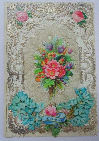Victorian Paper Lace Antique Greeting Card Valentine Printed Flowers C1870
