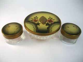 Vtg Art Deco 3 Pc Dresser Vanity Make Up Metal Enamel Glass Jars Art Deco