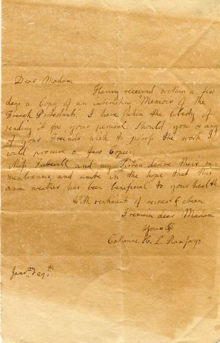 Ca 1800 Letter From Catherine H.  L.  Ramsay Charleston Sc To Mrs Horry Tradd St