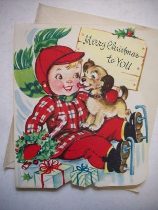 Boy Ice Skating W Dog Puppy Christmas Greeting Card 4c