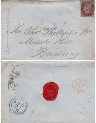 1851 Qv Cover With A 1d Penny Red Stamp To Sir Thomas Phillips At Broadway